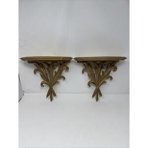 Vintage Pair Of Ornate Gold Gilt Hollywood Regency Wall Sconce Shelves